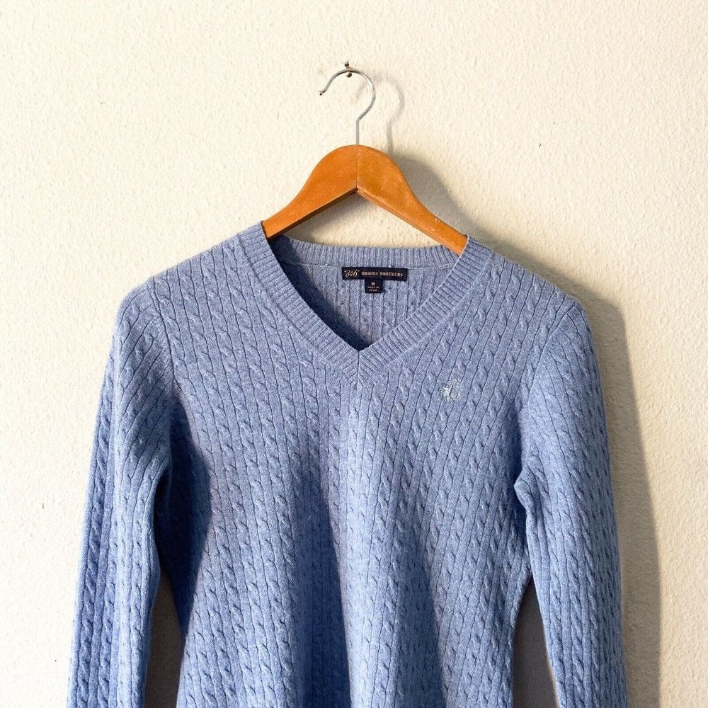Brooks Brothers blue vneck cable knit sweater M cotton wool blend - Picture 2 of 5